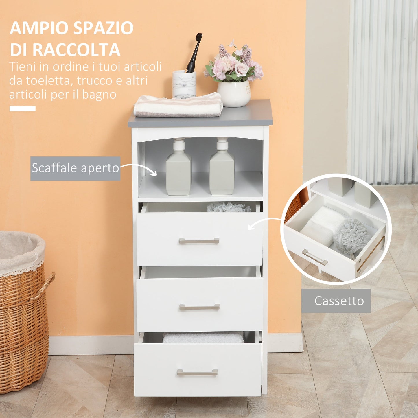 kleankin bathroom cabinet with open shelf and 3 drawers in mdf, 40x33x80cm, white - Borgè