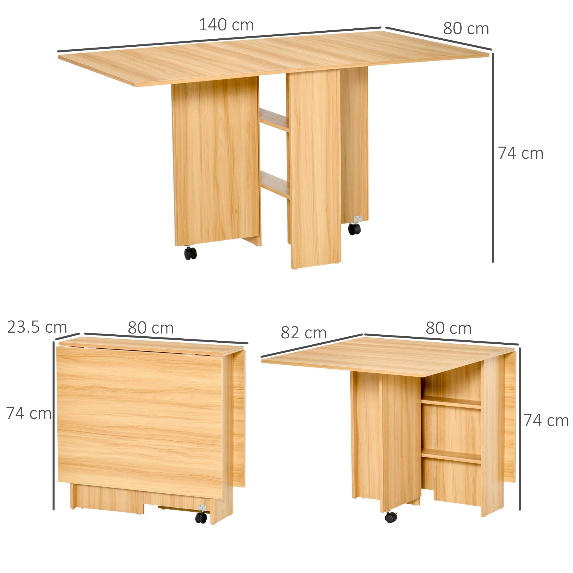 Folding and modern dining table with shelf, kitchen table and dining room, 140x80x74cm, wooden color - Borgè