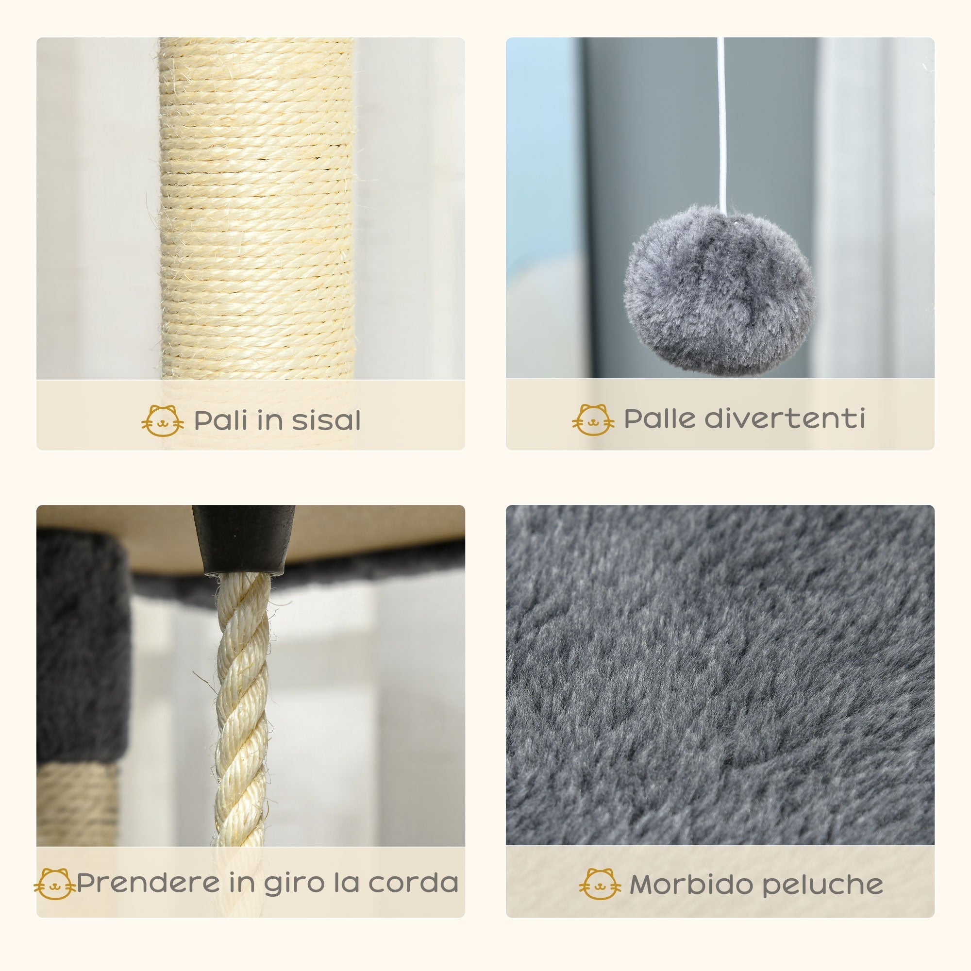 Cat Tree for cats with Scratch Pole, with houses and hammocks, 60x60x200cm, light Grey - Borgè