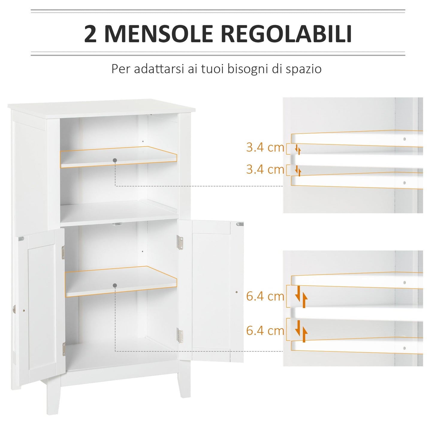 Kleankin Bathroom cabinet with adjustable shelves and cabinet 2 white wooden doors, 50x30x93cm - Borgè