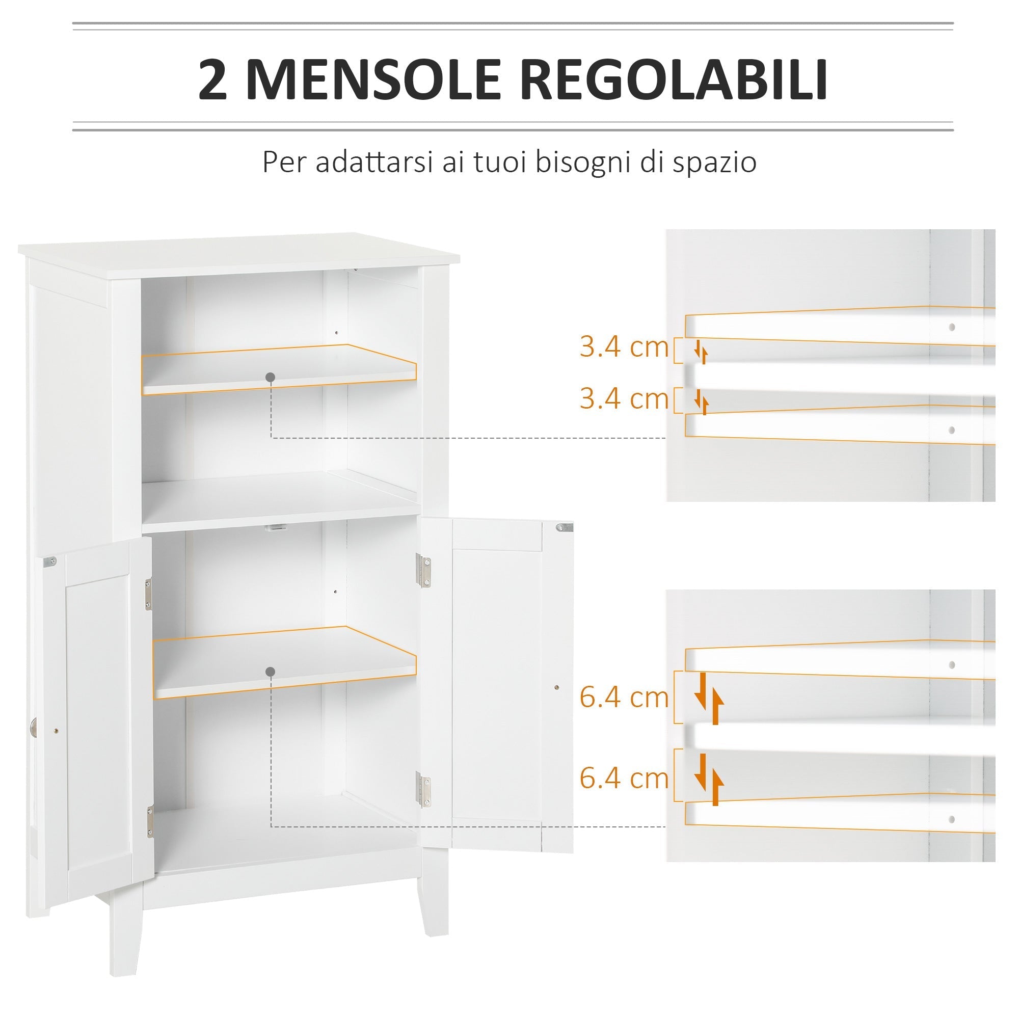 Kleankin Bathroom cabinet with adjustable shelves and cabinet 2 white wooden doors, 50x30x93cm - Borgè