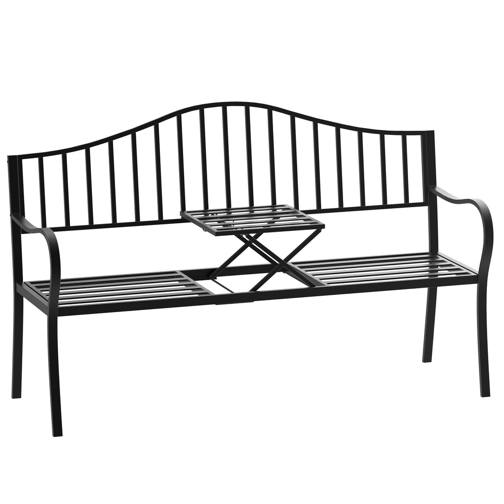 2-Seater Outdoor Bench, Garden Bench with Extendable Metal Table 150 x 53 x 95 cm Black - Borge' Group Limited