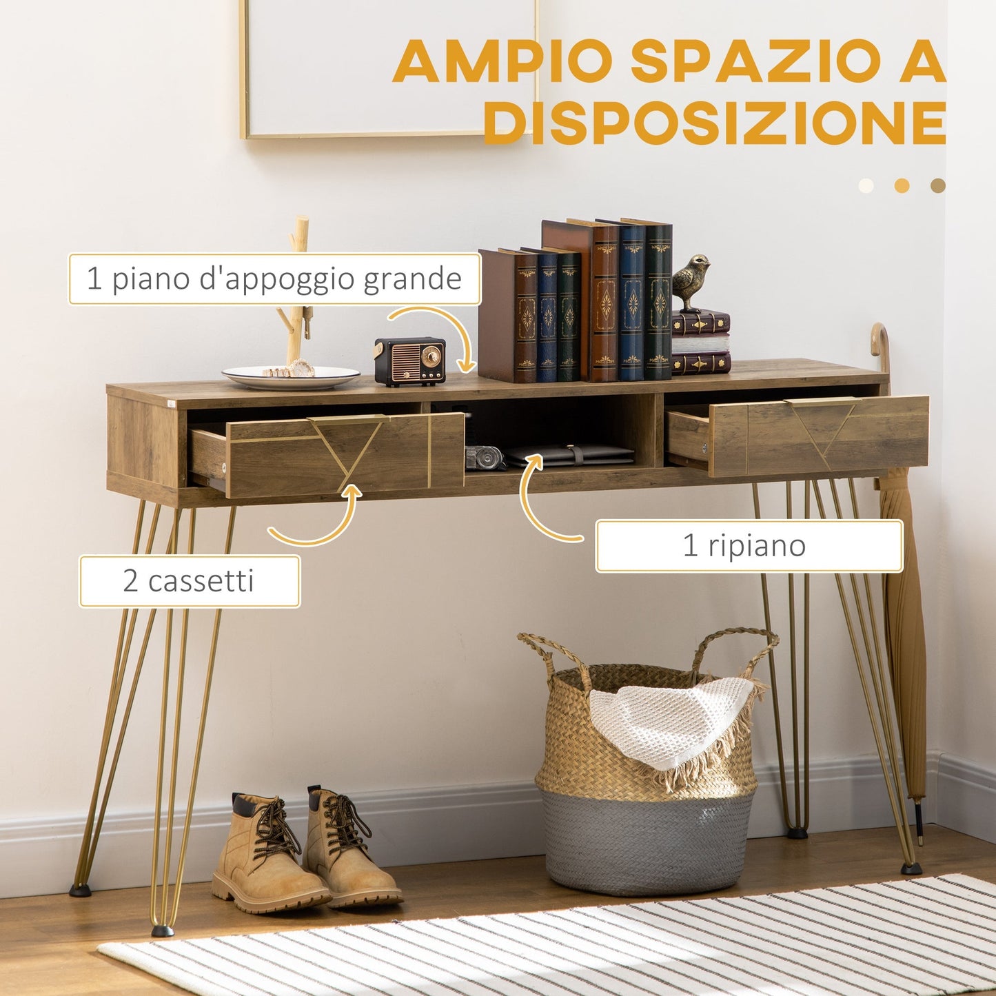 Table Console in chipboard and steel for entrance and living room with open shelf and 2 drawers, 120x29x79 cm