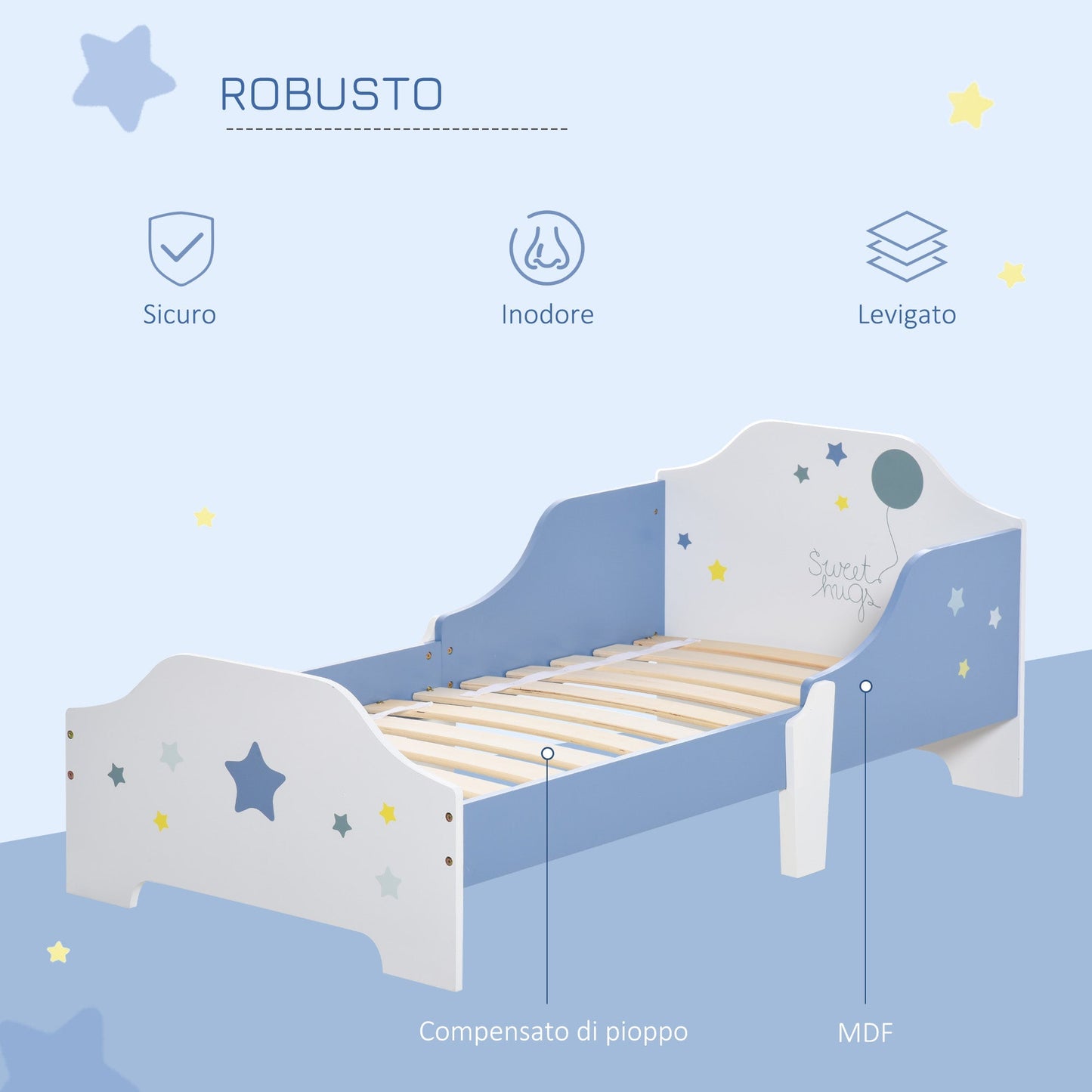 read low for boys and girls of +3 years with sides, blue and white bed, 143 x 74 x 59 cm - Borgè