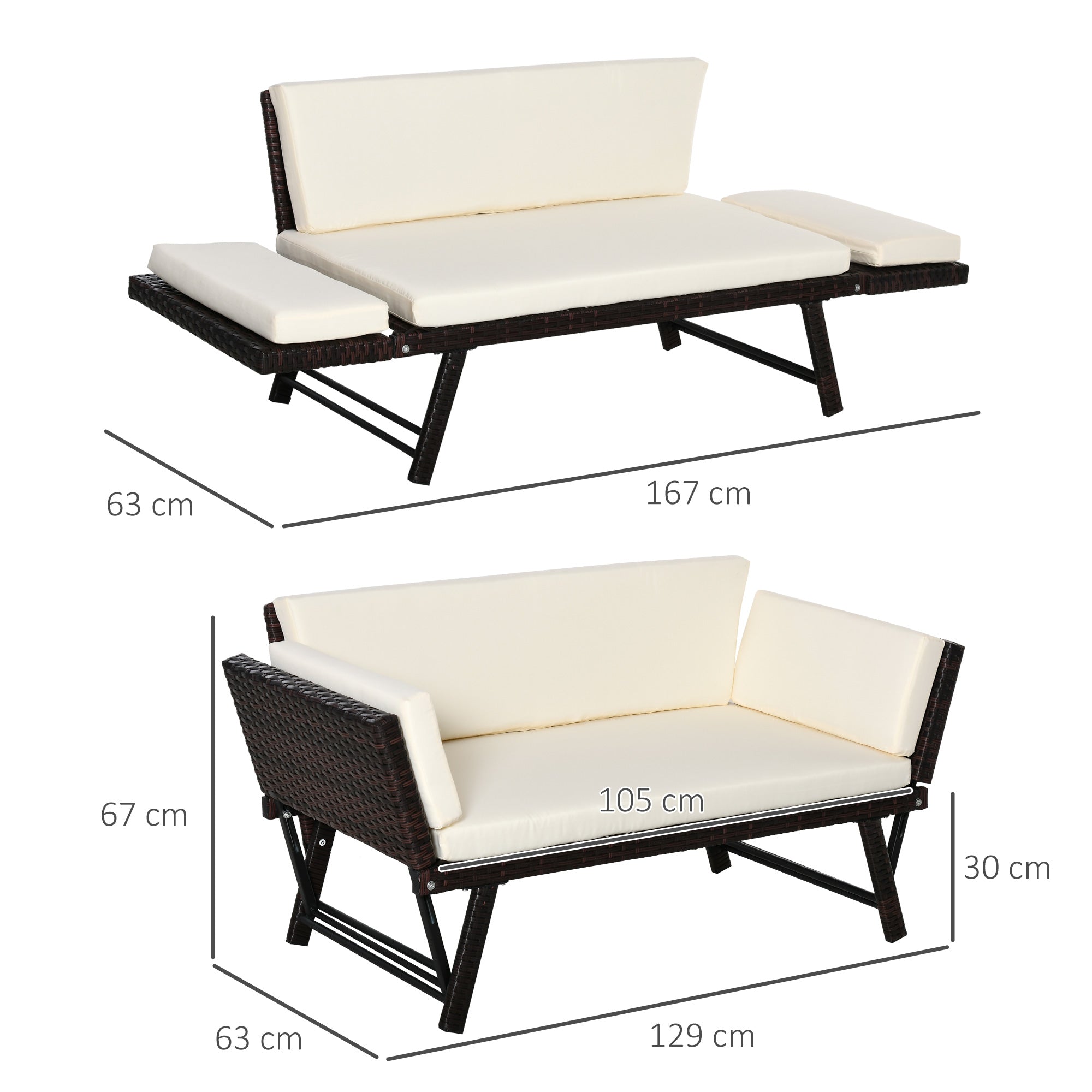 2 Seater Sofa with Extendable Armrests for Garden Rattan 129x63x67cm White, Brown - Borge' Group Limited