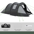 Outsunny camping curtain 3-4 people two rooms with windows, transport bag 475x264x172cm black - Borgè