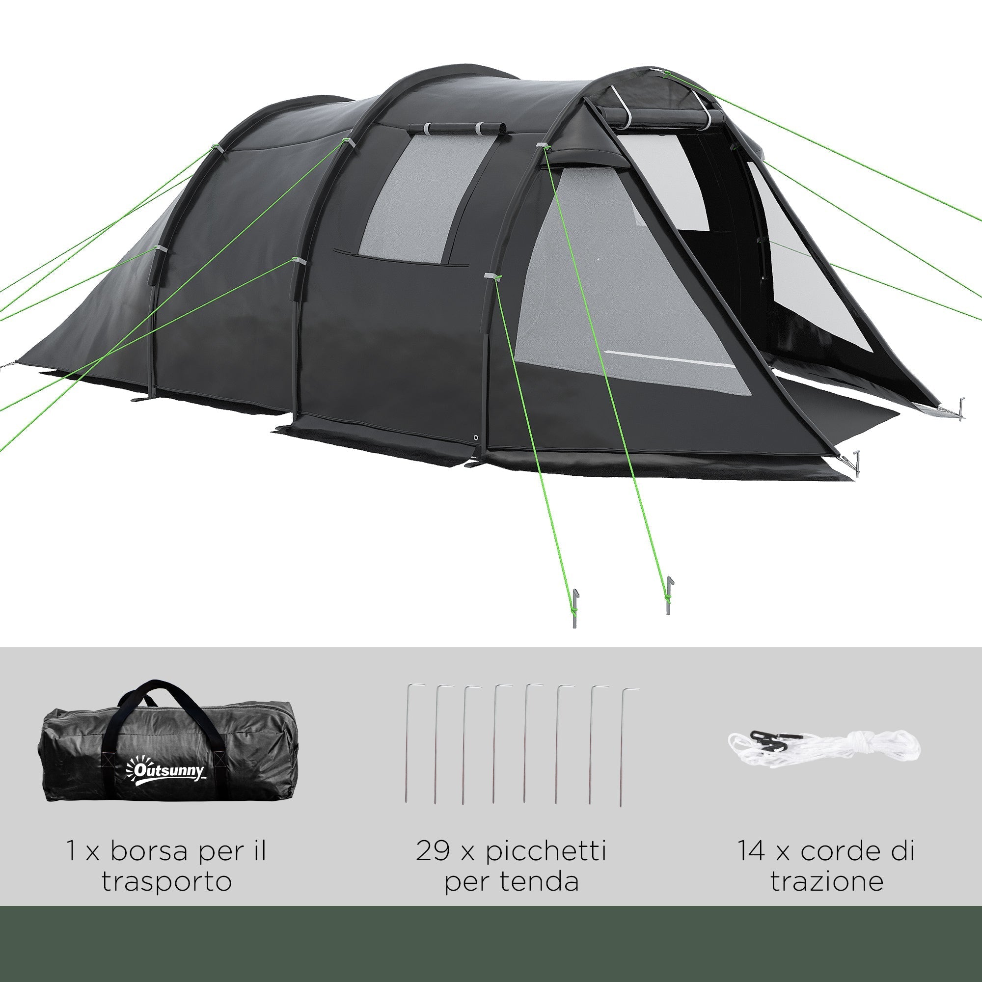 Outsunny camping curtain 3-4 people two rooms with windows, transport bag 475x264x172cm black - Borgè