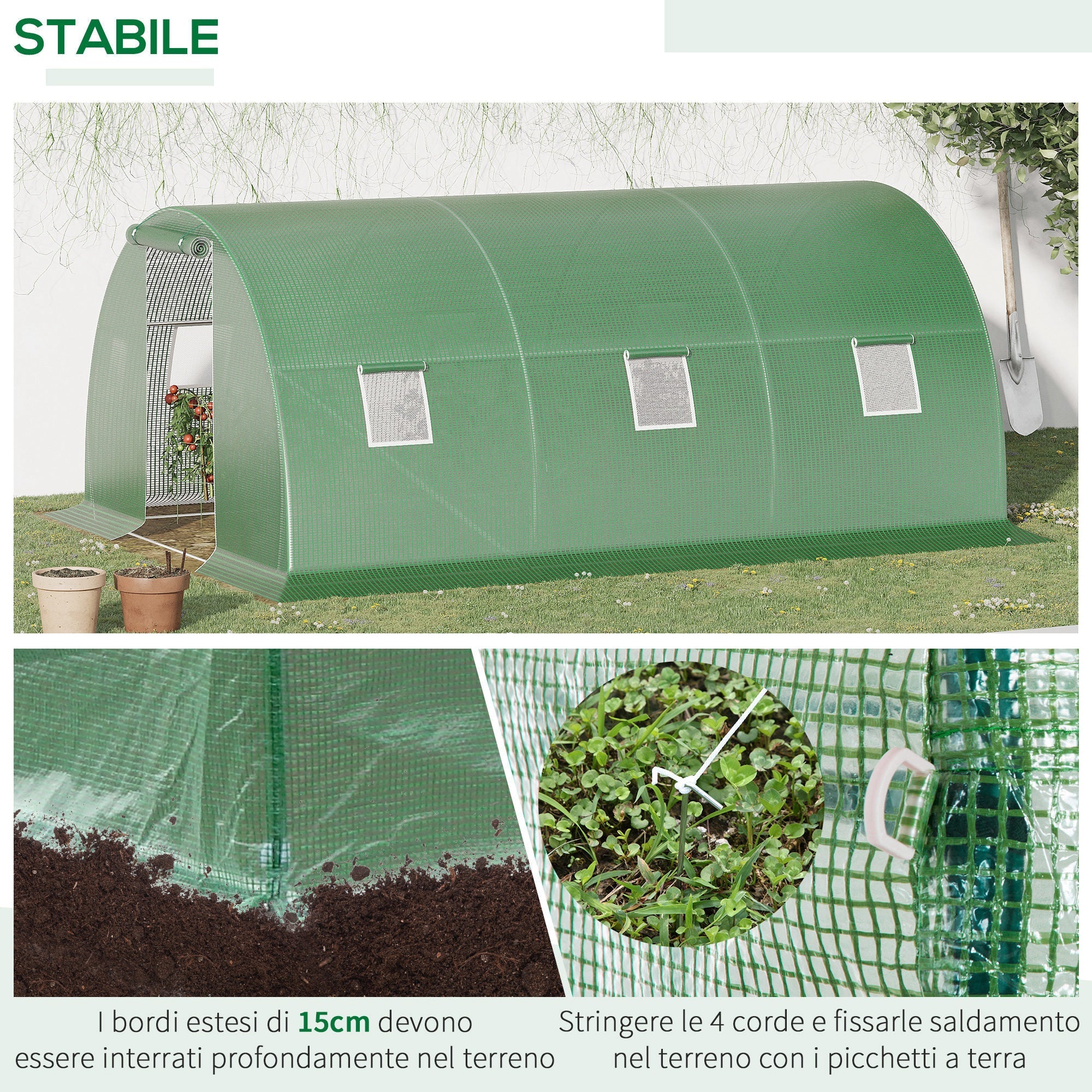 4.5x3x2m Outdoor Tunnel Greenhouse with PE Cover, Zippered Door and 6 Windows, Green - Borge' Group Limited