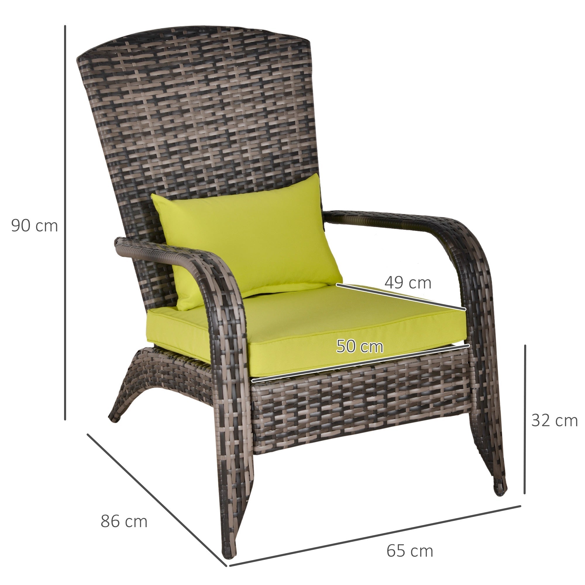 Adironrack Garden Chair with Armrests and Cushions, Rattan and Steel Chair for Indoor and Outdoor Use, 64x80x90 cm, Green - Borge' Group Limited