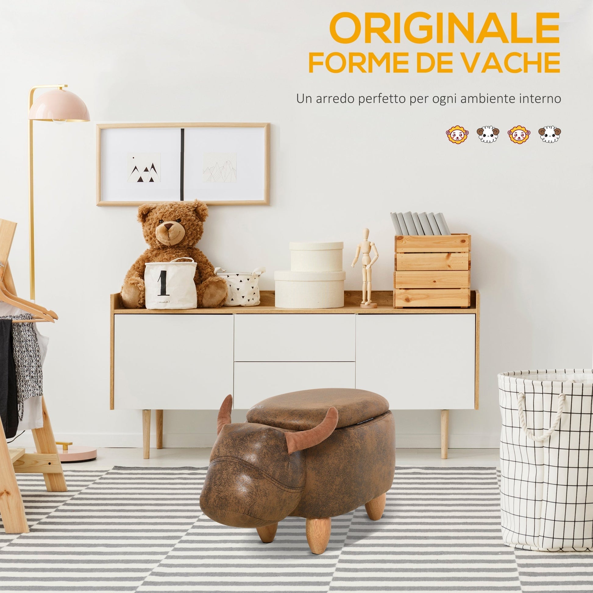 Homcom pouf buffalo -shaped container, footrest stool with wooden structure and brown padded seat - Borgè