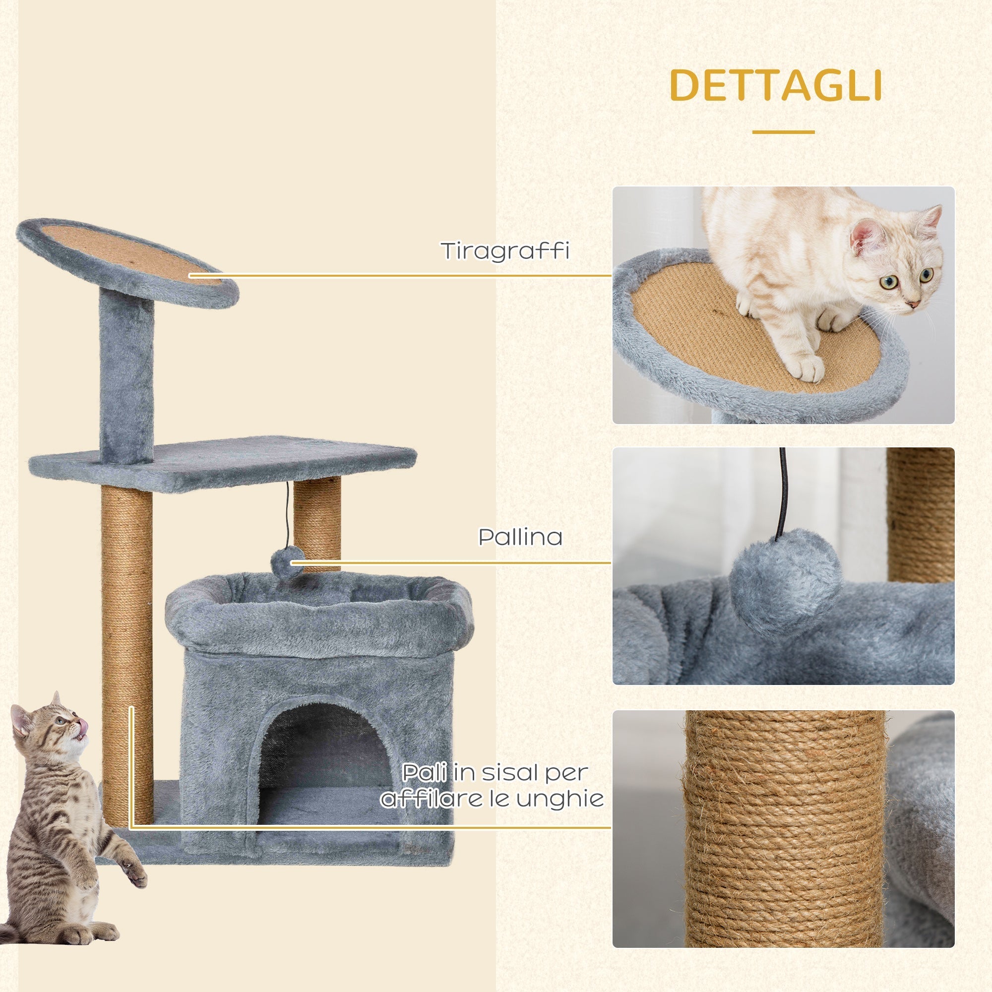 Cat Tree for cats with Scratch Pole and house, height 84cm - Grey - Borge' Group Limited