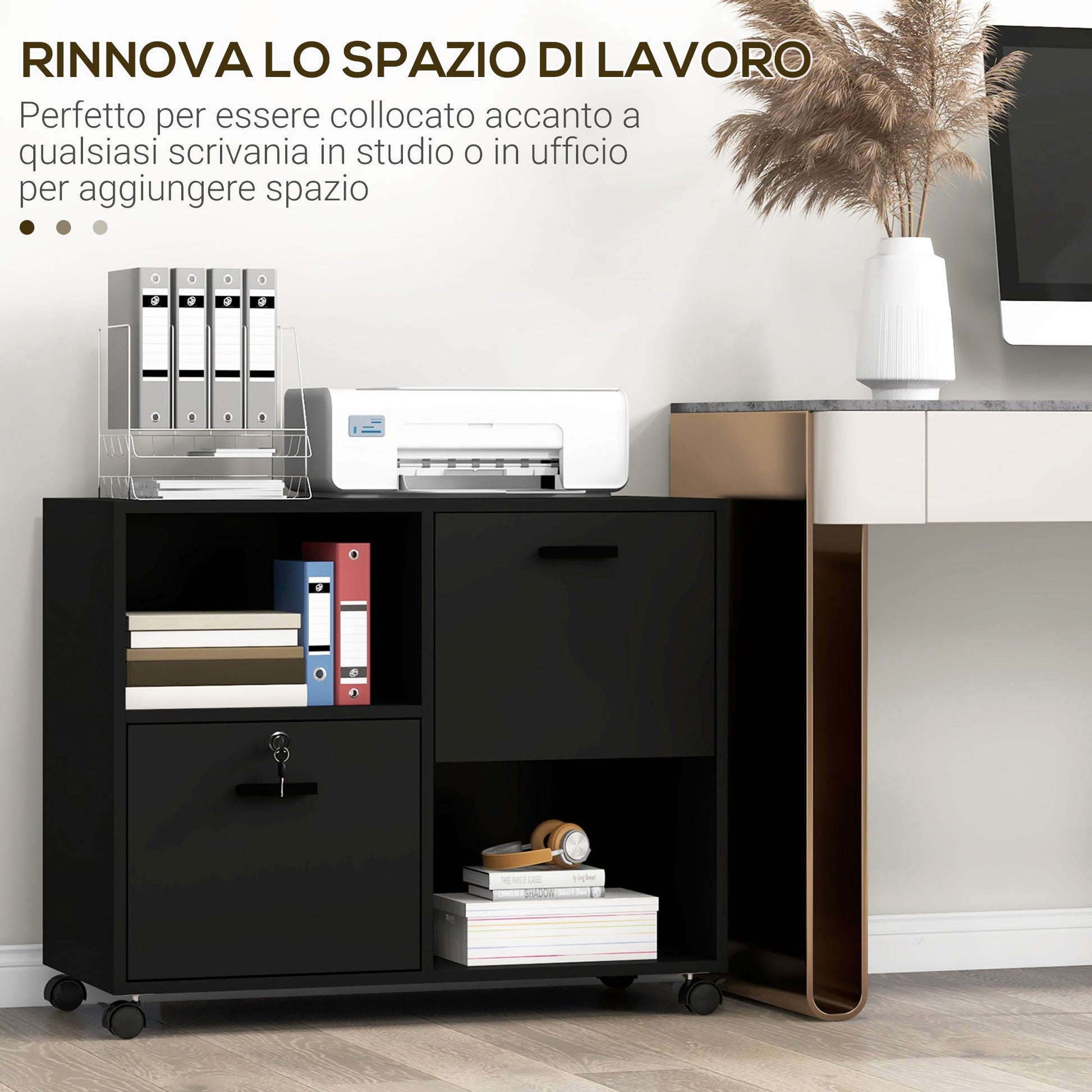 Cabinet for Office with 2 Drawers for Documents and Shelves, Wheels with Lock, 80x40x66cm, Black - Borgè