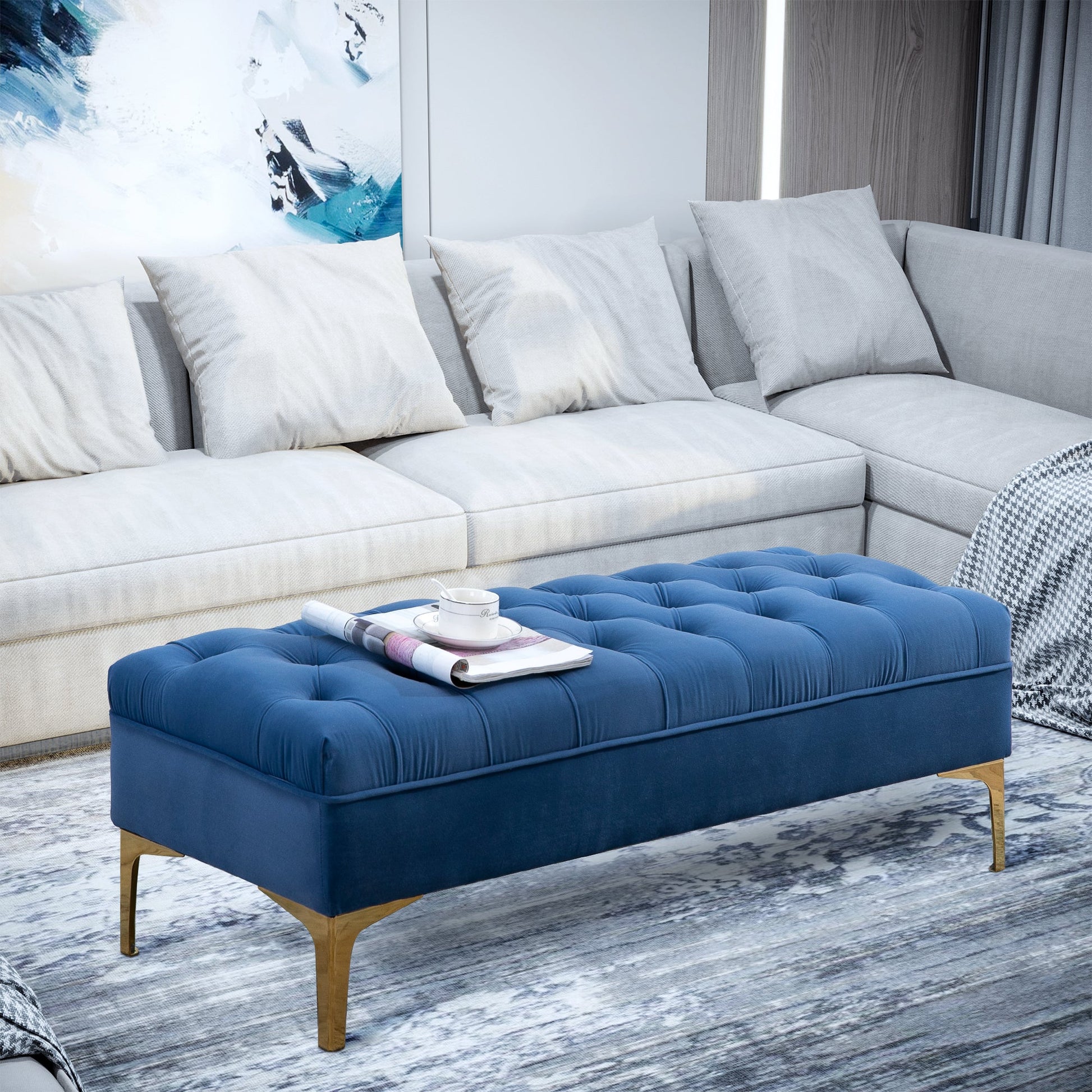 Bench Padda Fondaleto in velvety fabric, bench for bedroom and entrance with quilt decoration, metal feet, blue - Borgè