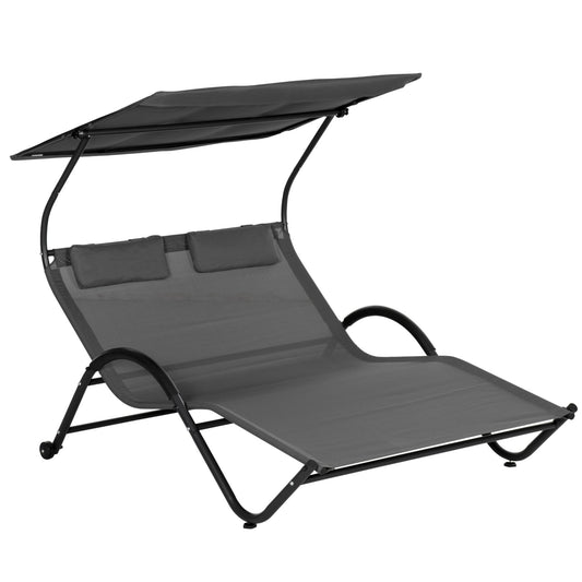 Ultimate Comfort: Deluxe 2-Seater Sun Lounger with Wheels, Padded Headrest, and Roof in Stylish Gray (200x137x138 cm) - Borgè