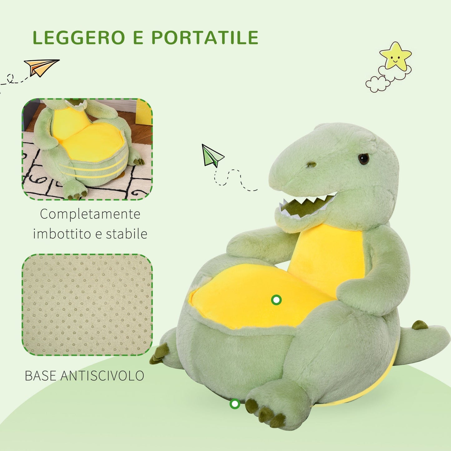 Little Dinosaur Armchair for children in plush - green/yellow