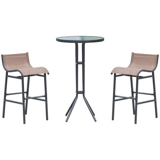 3 Piece Bar/Restaurant Set: 2 Stools (40.5x50x82cm) 1 Tempered Glass Table (Φ60x102cm), Black and Brown - Borgè