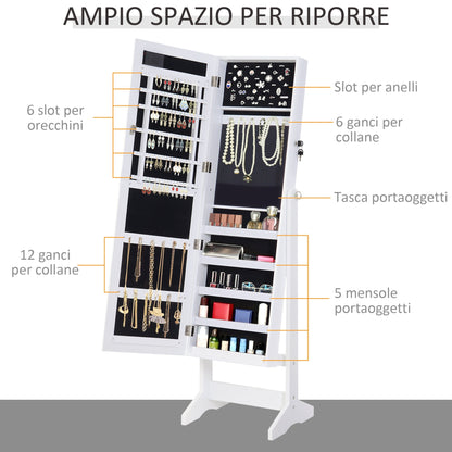 mirror jewelry wardrobe with 20 led lights, white, 40x37x146 cm - Borgè