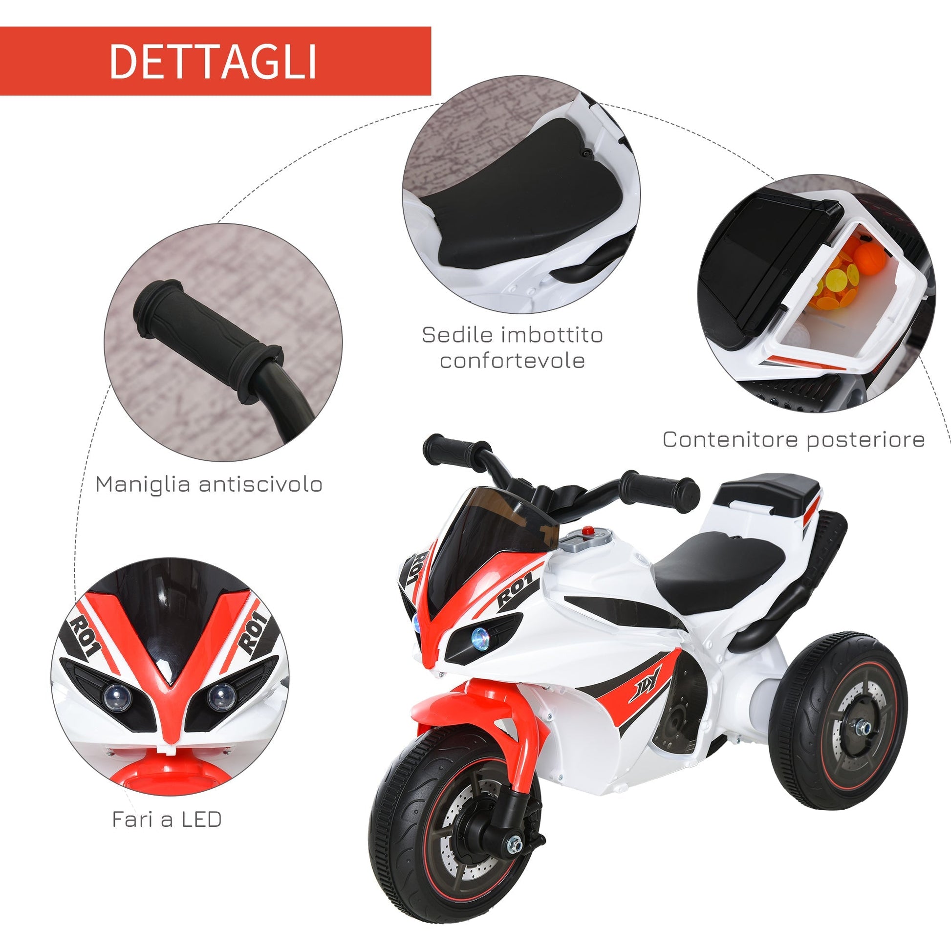 Triciclo three-wheeled motorcycle toy for children 18-36 months with music and white and red headlights - Borgè