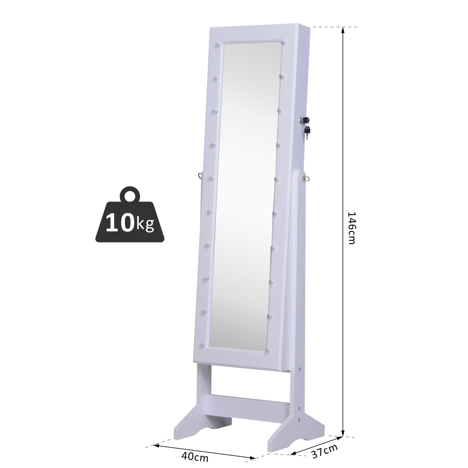 mirror jewelry wardrobe with 20 led lights, white, 40x37x146 cm - Borgè