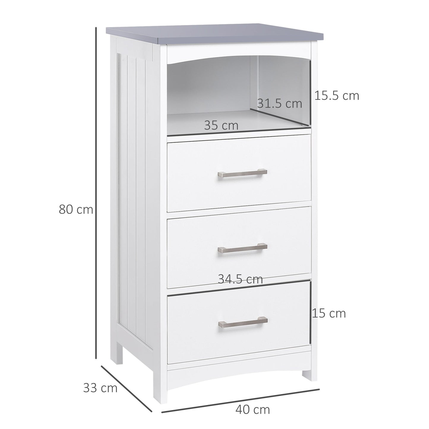 kleankin bathroom cabinet with open shelf and 3 drawers in mdf, 40x33x80cm, white - Borgè