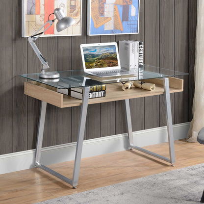 Design desk desk with 9mm tempered glass top and wooden frame and steel, for office house - Borgè