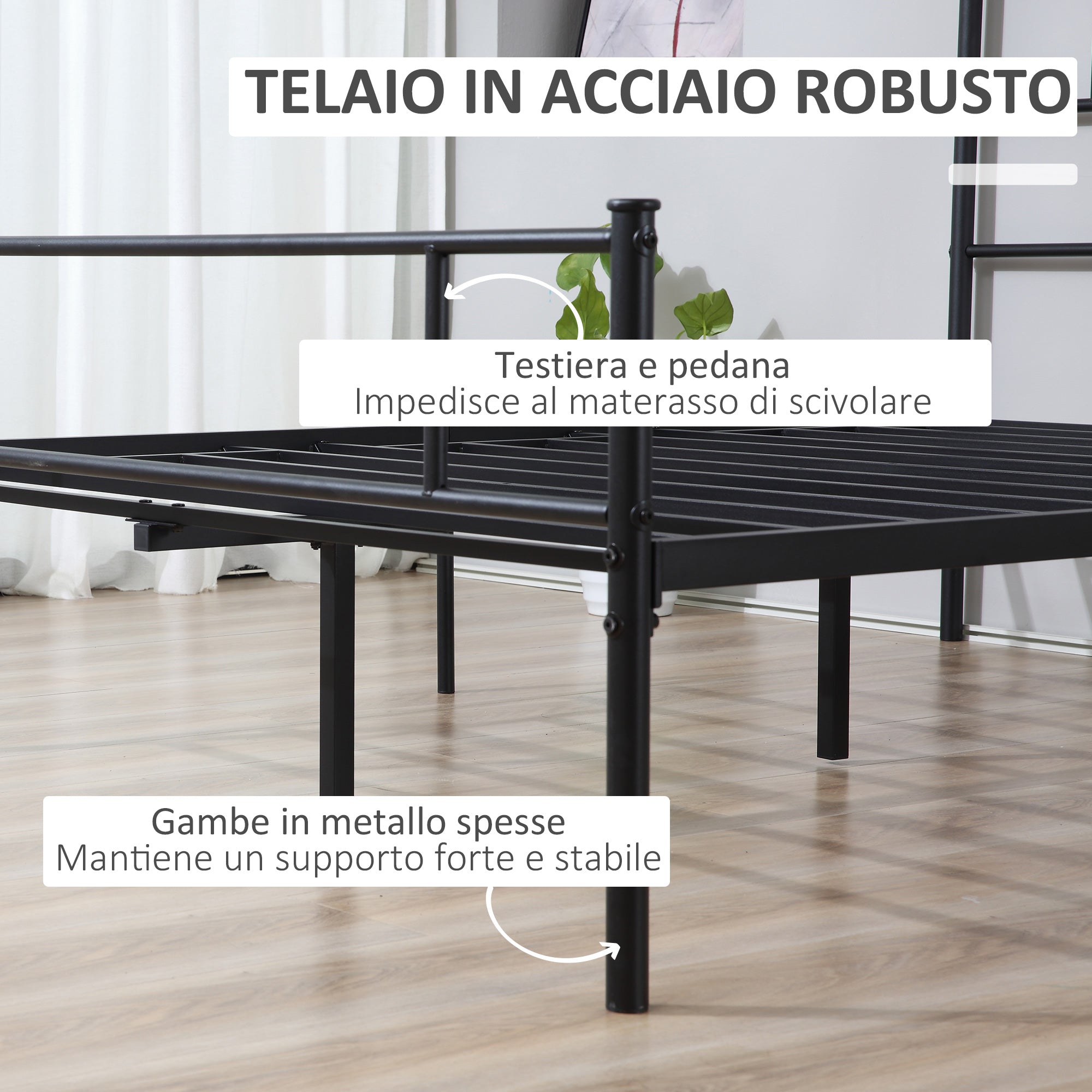 Black Double Bed in Metal/Steel | 160x200cm with Slats, headboard and footboard - Borgè