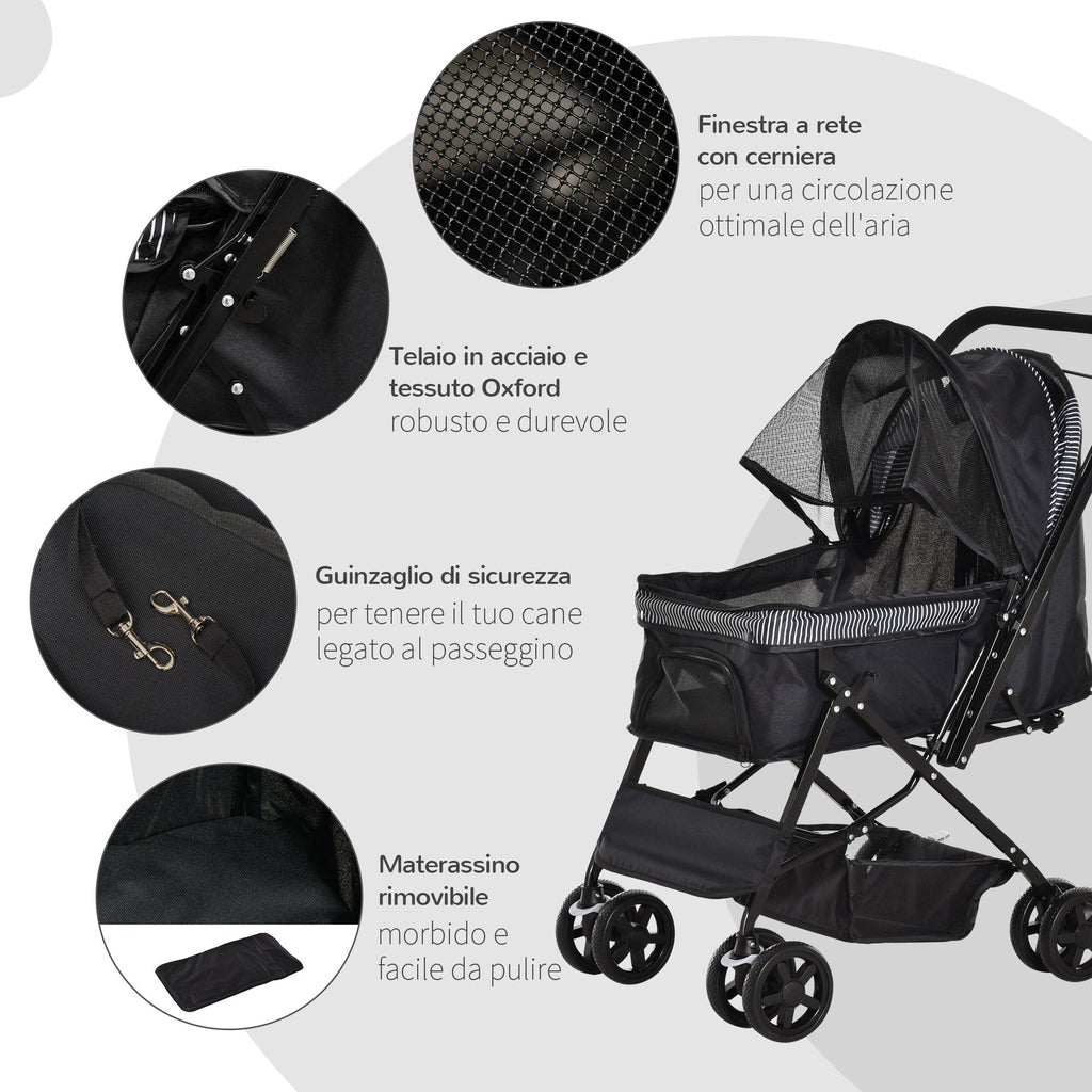 Foldable Dog Stroller with Swivel Handle and Storage Basket, Black - Borge' Group Limited