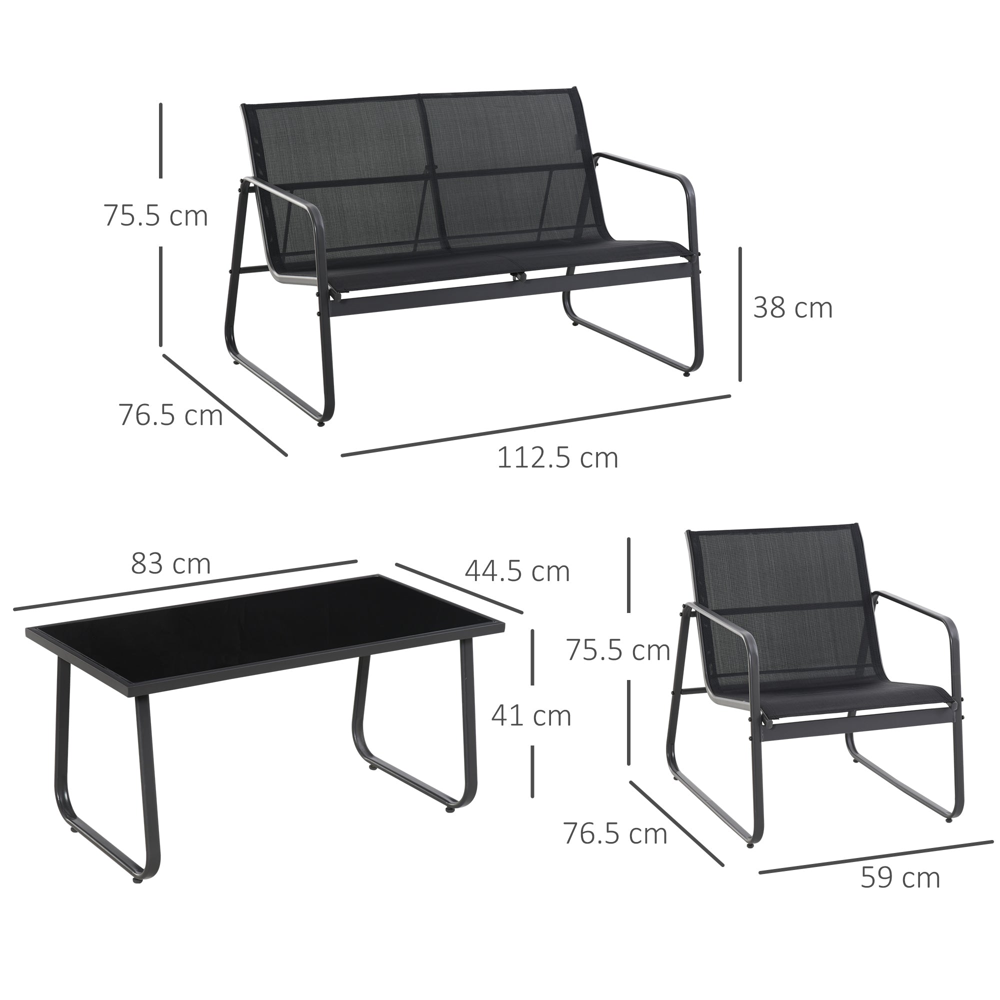 PUPI - Set of Table with Bench and 2 Garden Chairs, Outdoor Furniture in Metal and Texteline, Black - Borge' Group Limited