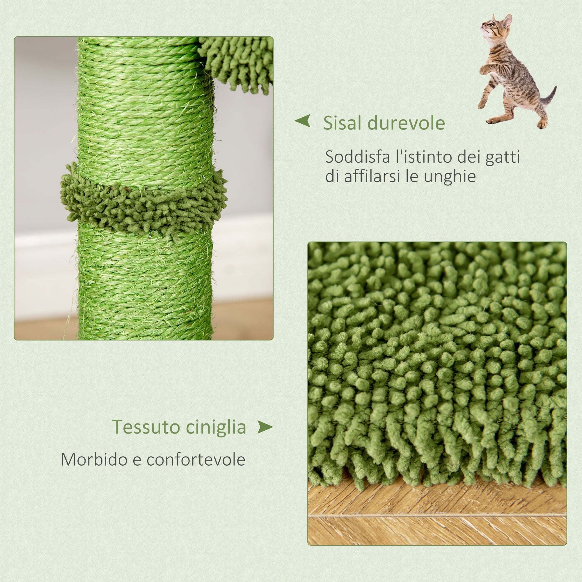 Cat Tree for cats with Scratch Pole up to 4.5kg in the shape of cactus with balls and Bed, 60x35x78cm - green - Borge' Group Limited