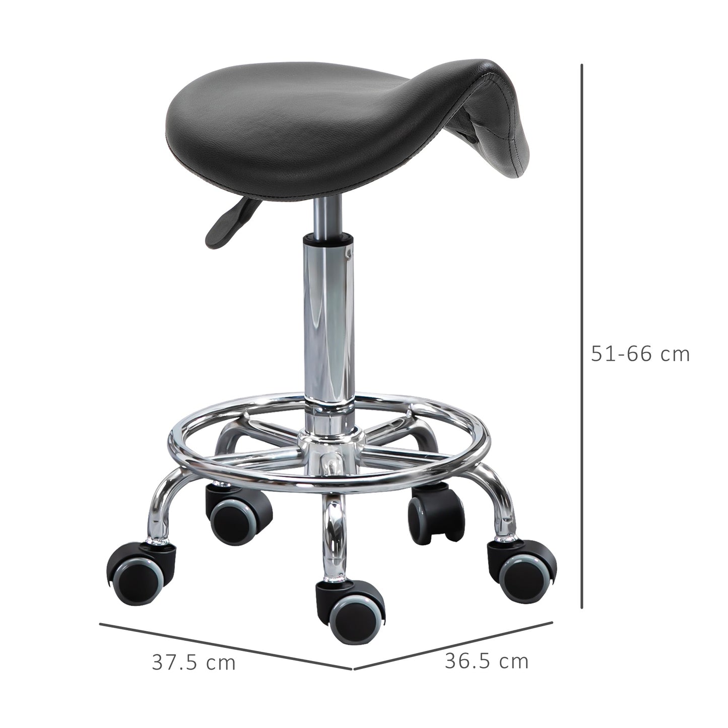 Height adjustable stool with 5-wheeled and stuffed ergonomic session in rubber-tap, 36.2x37.5x51-66 cm, black - Borgè