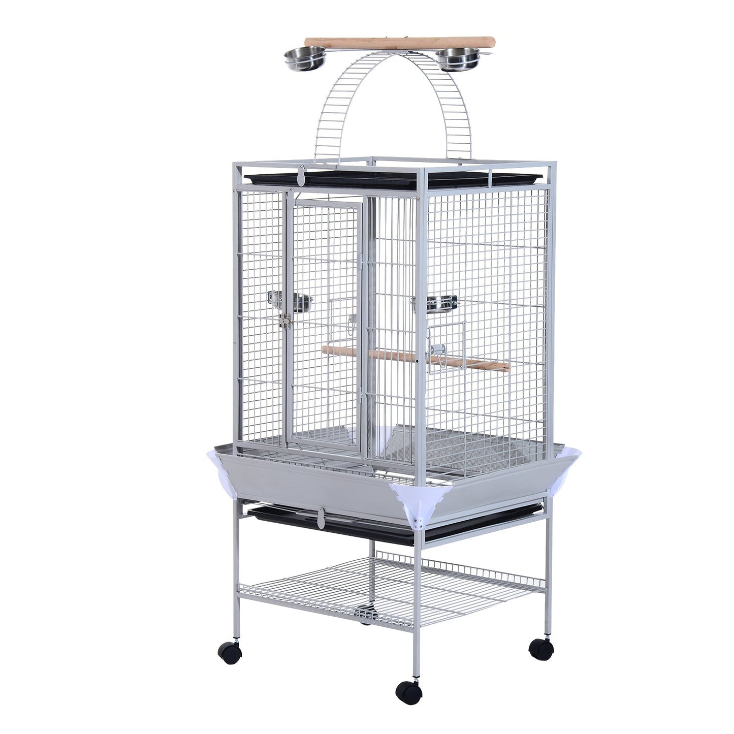 Bird Cage with Wheels Height 161.5cm, Steel Trays and Wooden Perches, Silver - Borgè