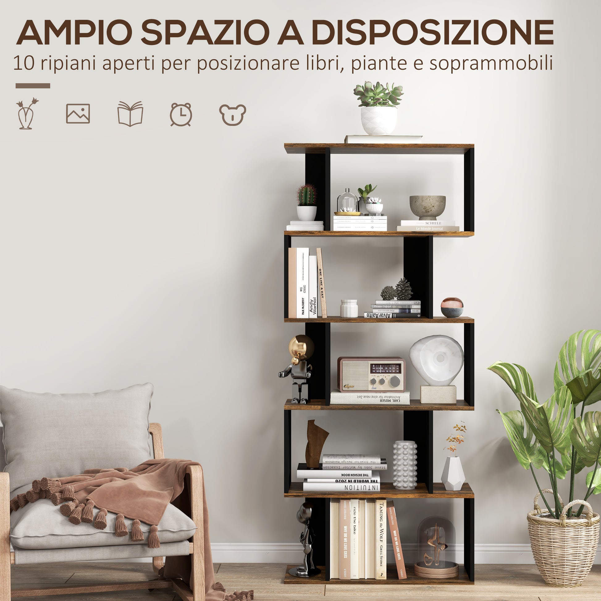 Homonda Modern Asymmetrical Wall Library with 5 Wooden shelves, 70x29.5x163cm, Rustic brown - Borgè