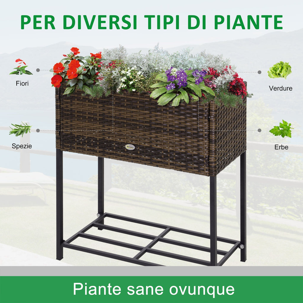 Raised Garden Bed, Wicker-Effect Planter with Shelf, Raised Garden Bed for Indoor and Outdoor Use, Grey (70cm x 30cm x 72cm) - Borge' Group Limited