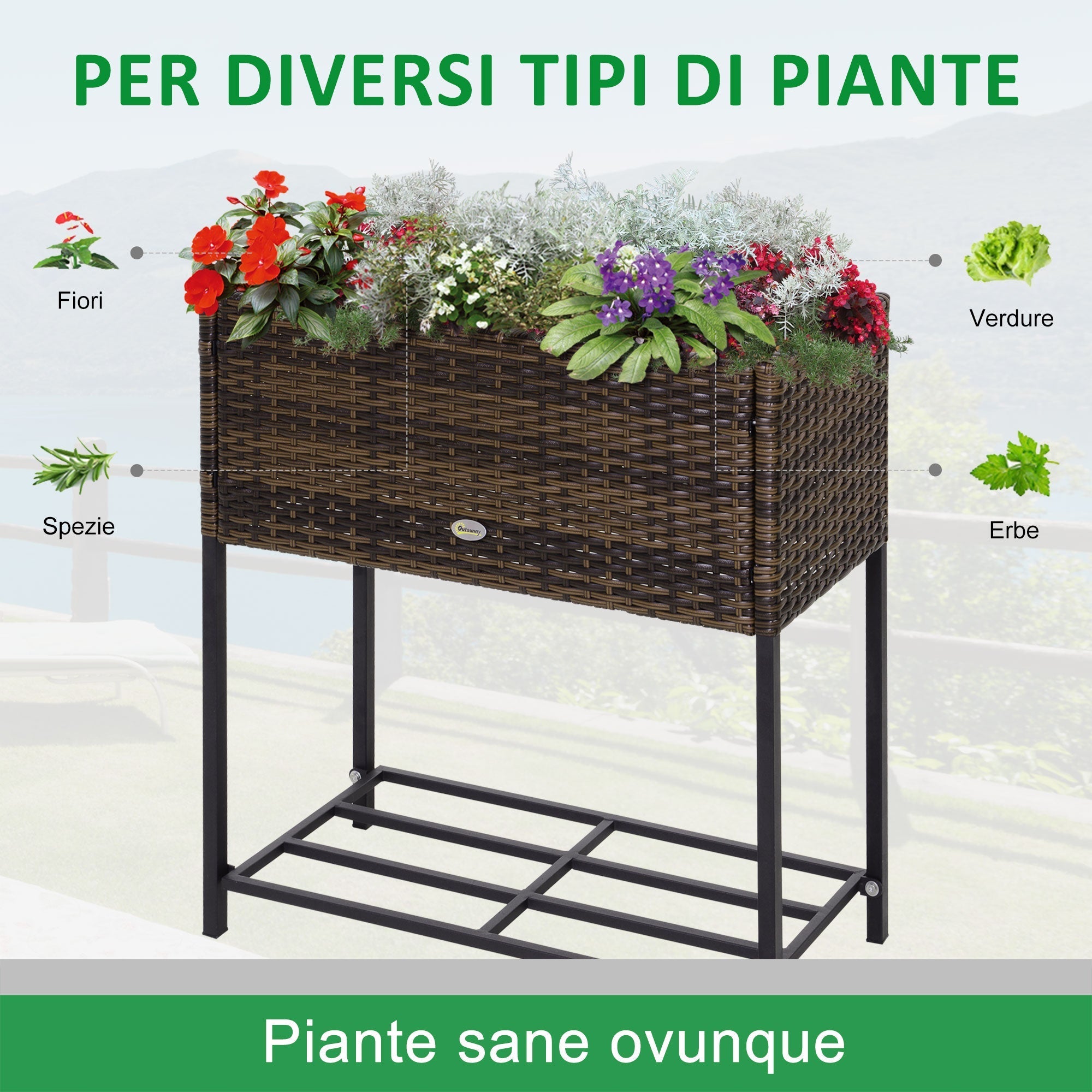 Raised Garden Bed, Wicker-Effect Planter with Shelf, Raised Garden Bed for Indoor and Outdoor Use, Grey (70cm x 30cm x 72cm) - Borge' Group Limited