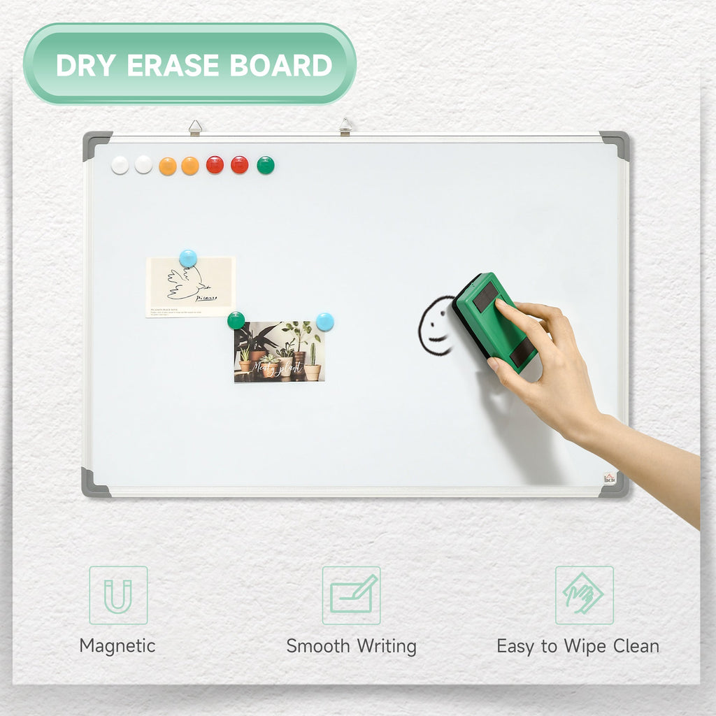 rectangular white magnetic whiteboard with 4 markers, 1 rubber and 10 magnets included, 90x60x1.8 cm - Borgè