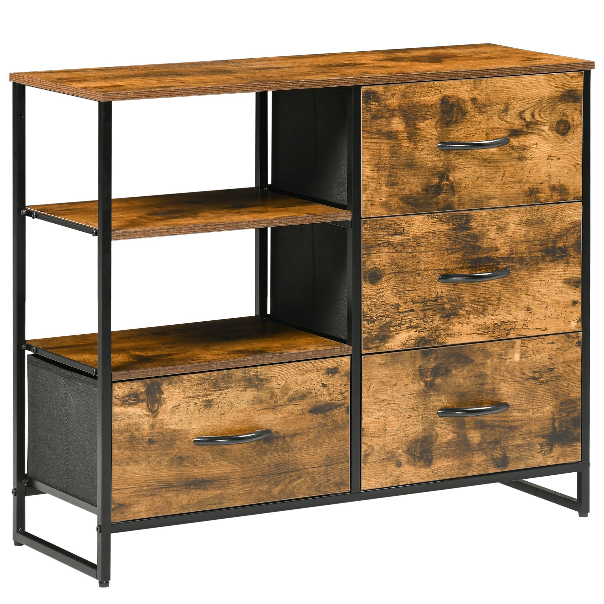 Industrial style chest of drawers with 4 drawers in folding fabric and 2 open shelves, 84x30x71.5 cm, brown - Borgè