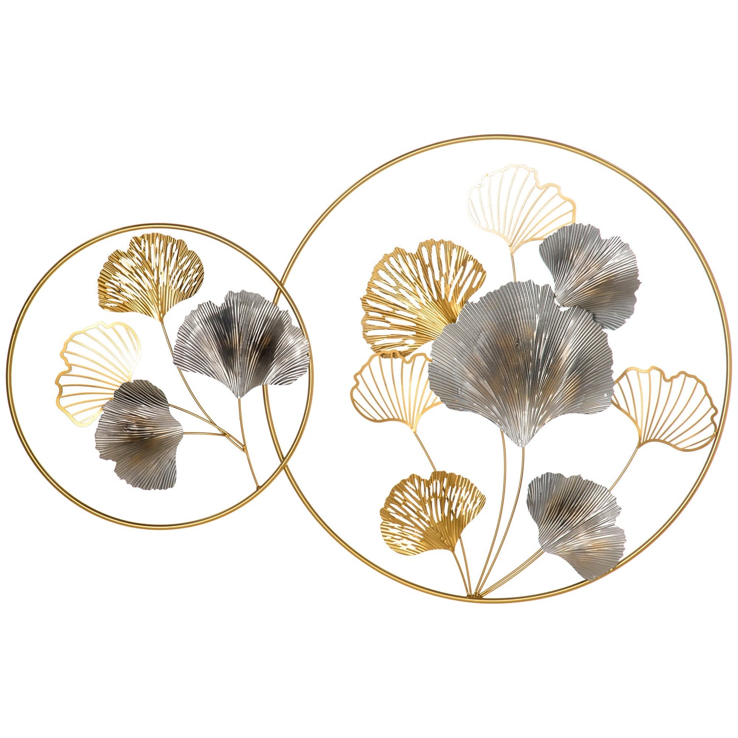 Metal Wall Decoration 3D, golden wall art with ginkgo in two round frames, 138x70 cm, gold and silver - Borgè