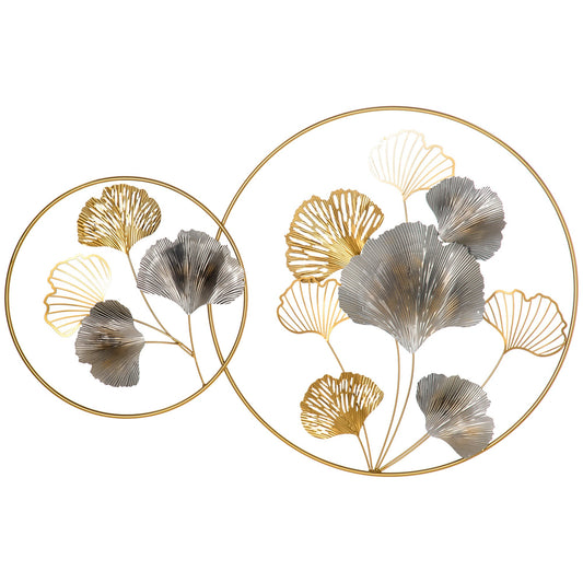 Metal Wall Decoration 3D, golden wall art with ginkgo in two round frames, 138x70 cm, gold and silver