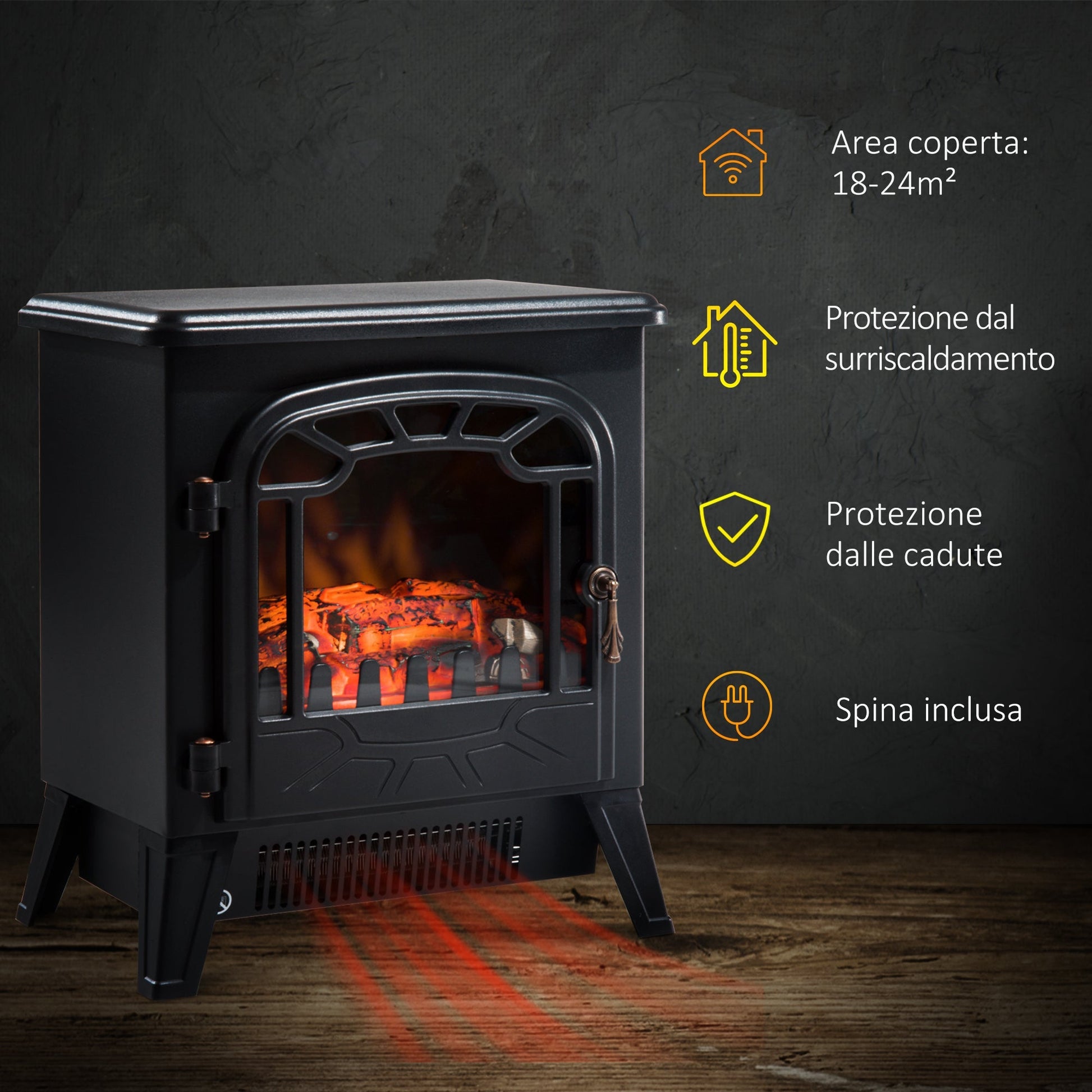 electric fireplace from the ground with adjustable flame effect 900W/1800W, black, 36x25.5x41.5cm - Borgè