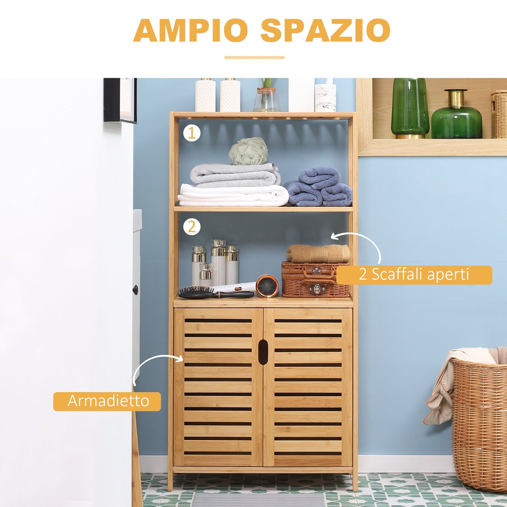 Kleankin Bathroom Cabinet with 2 open shelves and 2 -doors in bamboo 2 60x30x120cm - Borgè