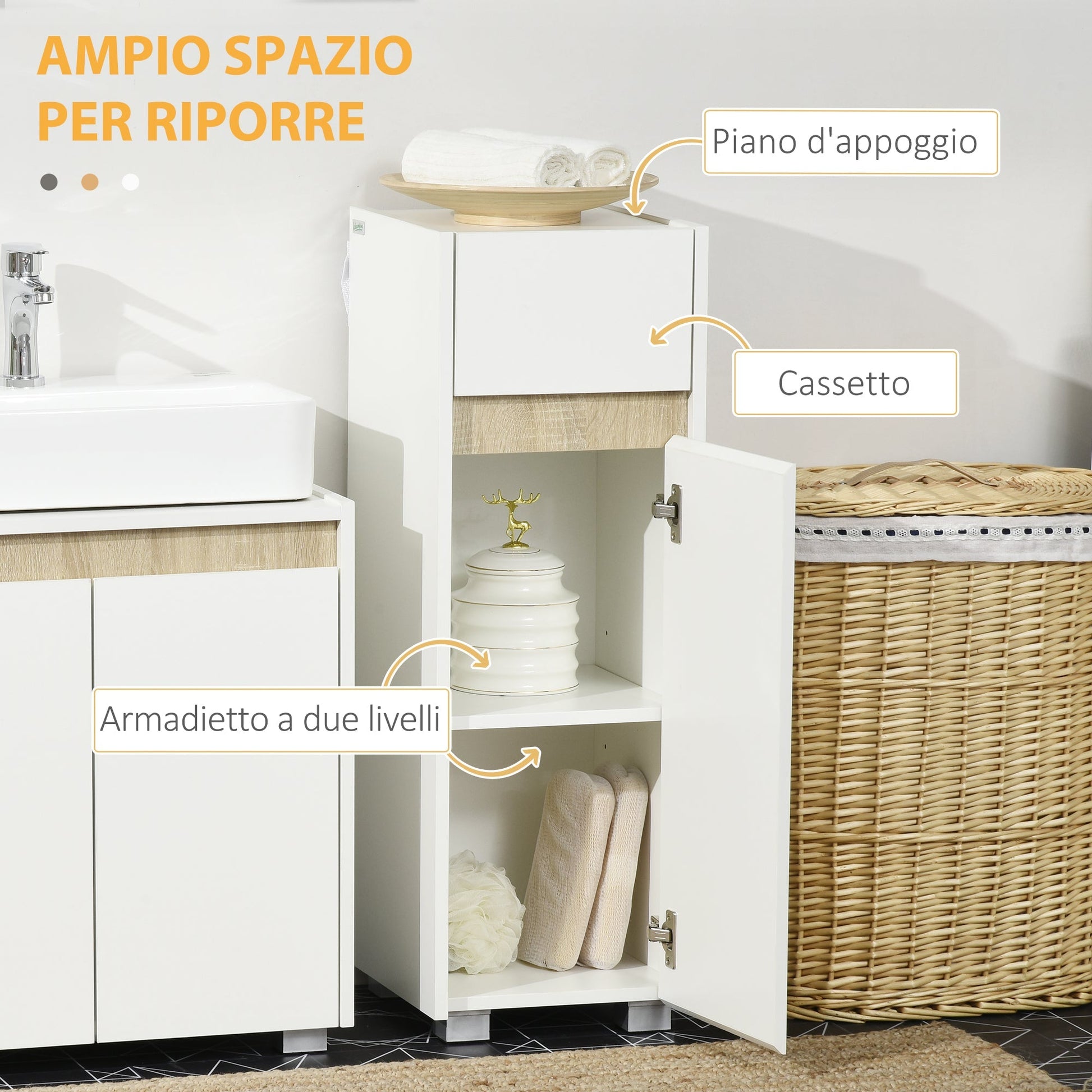 kleankin bathroom cabinet with drawer and locker with adjustable wooden shelf 30x33x88cm, white - Borgè