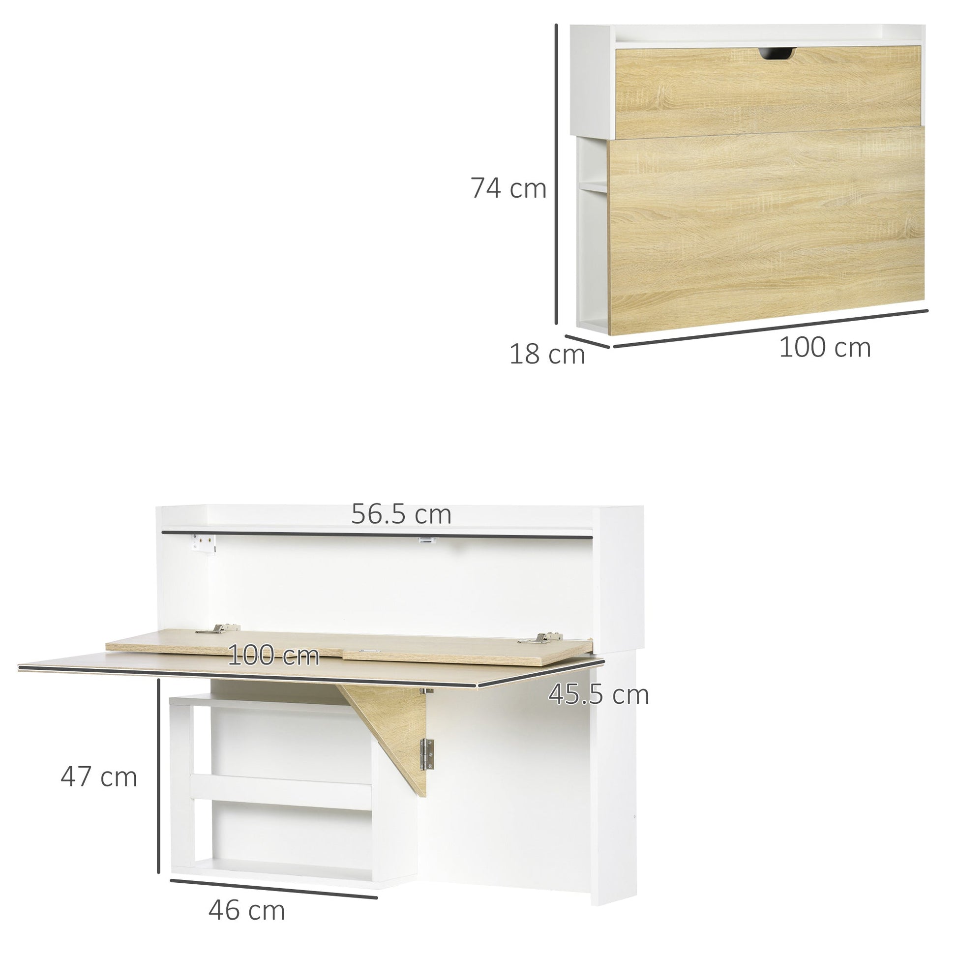 Folding Wall Desk and Salvaspazio with shelves, for home and office, in chipboard, 100x18x74 cm - Borgè