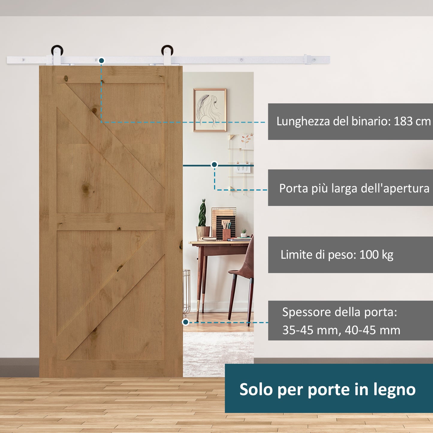 Homcom sliding door kit with 183cm track, wheels and minuetia included, white - Borgè