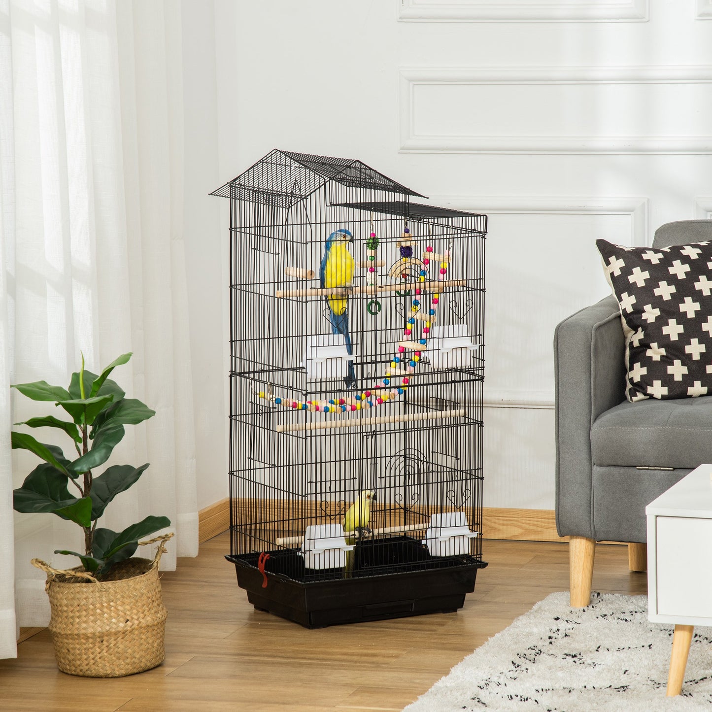 Pawhut bird cage with ladder, swing, bowls and games, in steel, pp and wood, 46x36x100 cm, black - Borgè