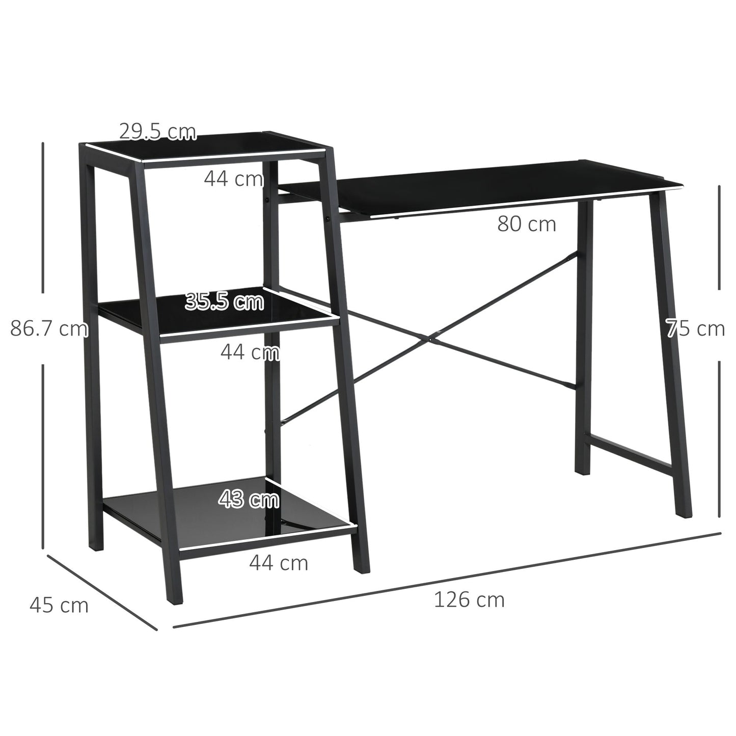 Modern Glass and Metal Desk with shelf 3 shelves - Black