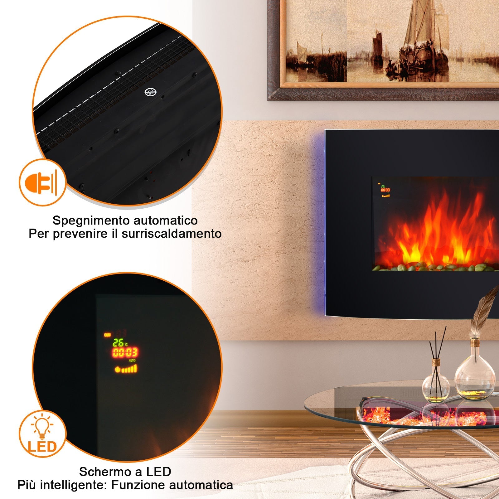 Homcom Wall or Earth 2000W Electric Fireplace With Led Flame 7 Colors, Black, 90x56x9.5cm - Borgè