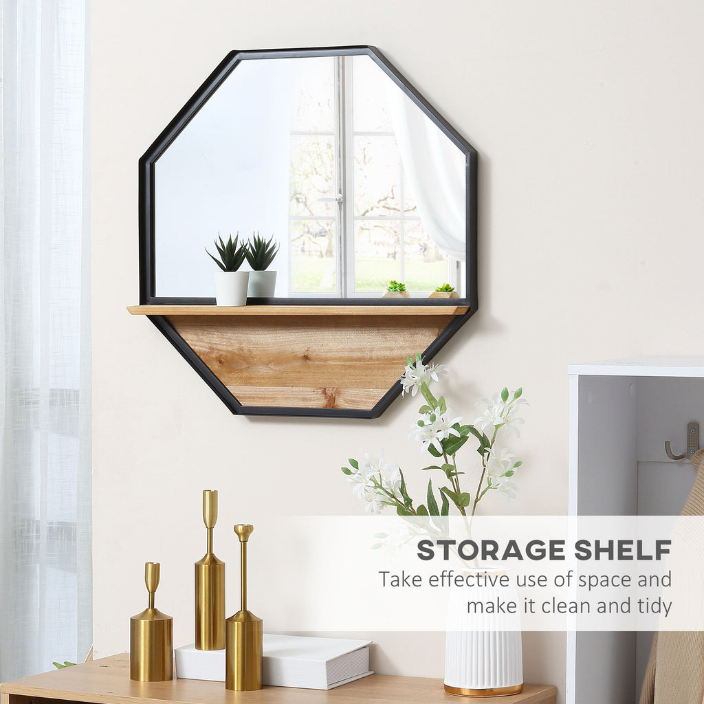 octagonal metal wall mirror with wooden shelf, 61x61cm black - Borgè