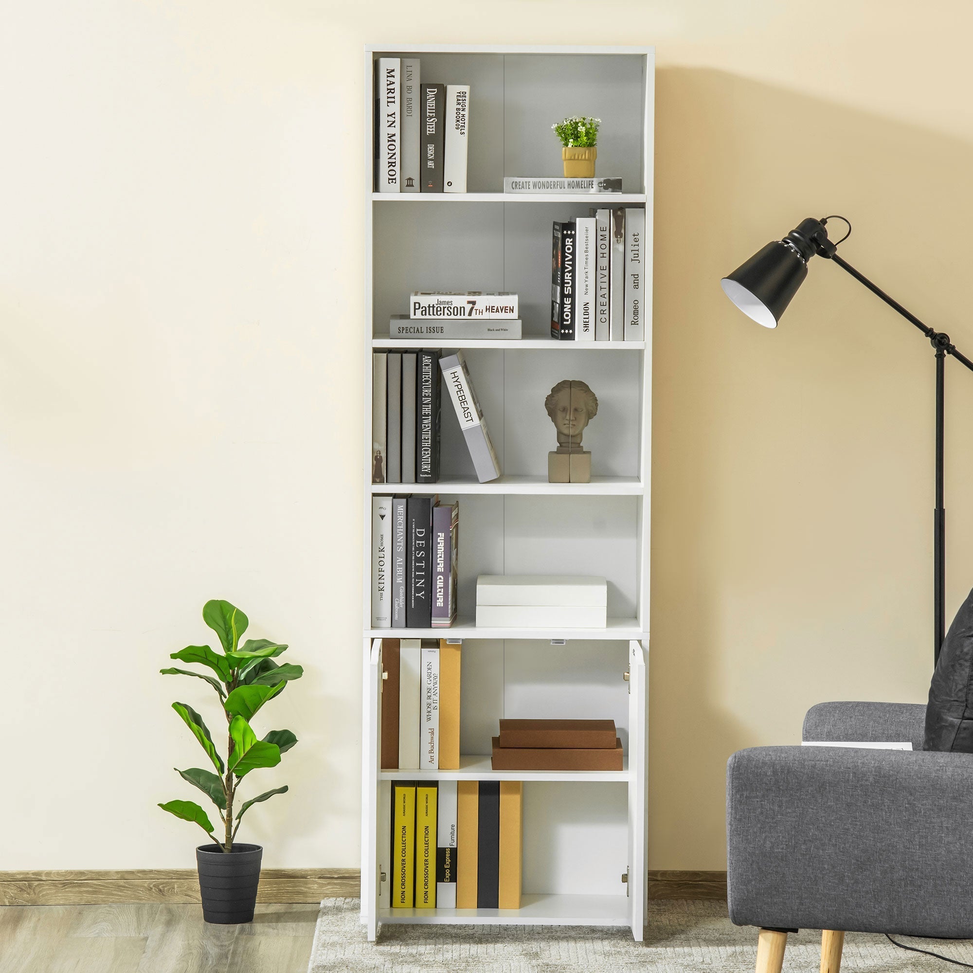 Homonda Modern Library 4 shelves with 2 wooden doors, 59x29x180cm, white - Borgè