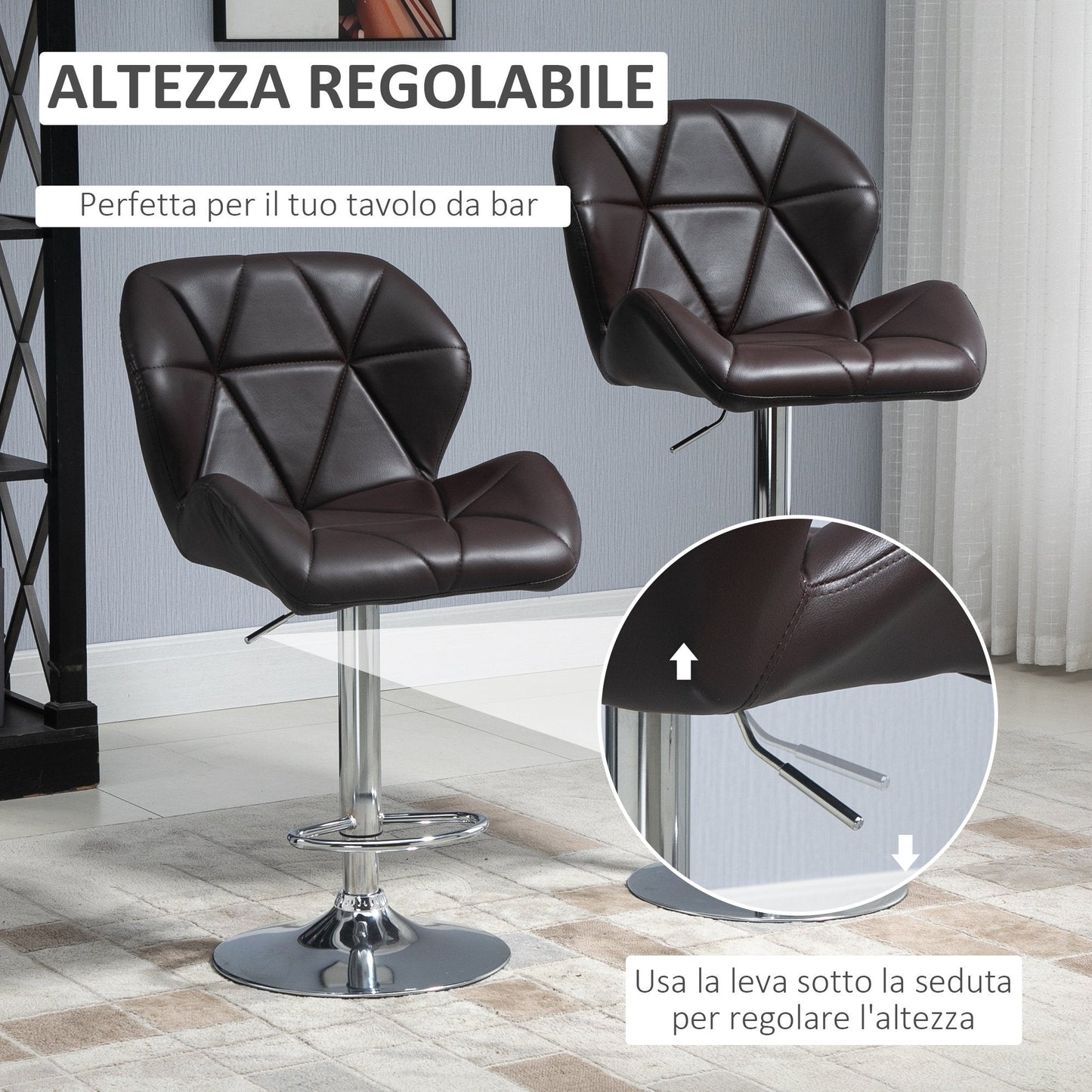 Set 2 swivel bar stools with adjustable height, similar coating and round base - brown - Borgè