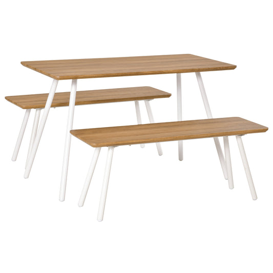 set dining table with 2 Nordic style benches in MDF and Metal, White - Borgè